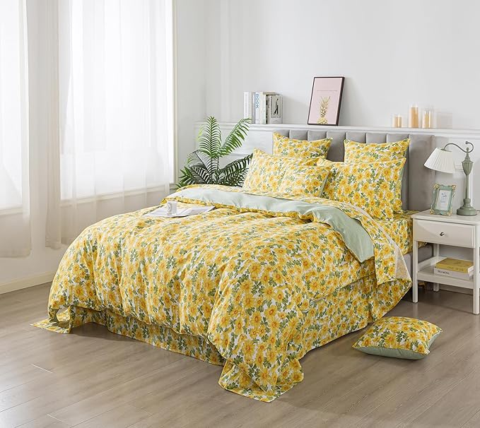 FADFAY Sunflower Duvet Cover Set Twin Vintage Yellow Daisy Floral Bedding Shabby Botanical Comforter Cover Set 100% Percale Cotton Ultra Soft Quilt Cover with Hidden Zipper Closure 3Pcs, Twin Size