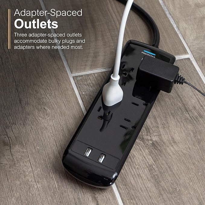 GE 37054 Pro Surge Protector, 7 Outlets + 2 USB, 1780J, 3' Cord, 2.1A, Black
