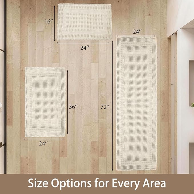 Waffle Bath Mat Non Slip, Boho Runner Rug, Super Absorbent Quick Dry Long Bath Runner Bathroom, Soft Farmhouse Bath Rug with Tassels, Washable Shower Mats for Floor 24"x48", Square Cream