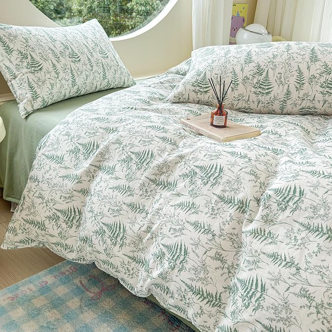 LifeTB Muslin Duvet Cover Full Size 100% Cotton Botanical Floral Comforter Cover Ultra Soft Cottagecore Bedding Set Lightweight Linen Feel Textured Breathable Gauze Duvet Cover with 2 Pillowcases