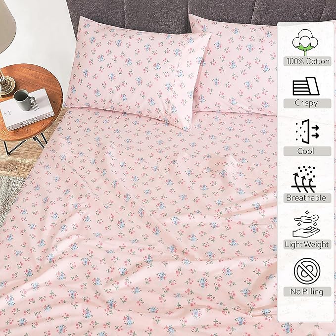 RUVANTI 100% Cotton Sheets Queen Size Set, 4 Pieces, Soft & Breathable Percale Weave Bedding, Deep Pocket 16", Hotel Standard, Crisp Cool Feeling, Durable, Perfect Floral Bed Sheet, Spring On