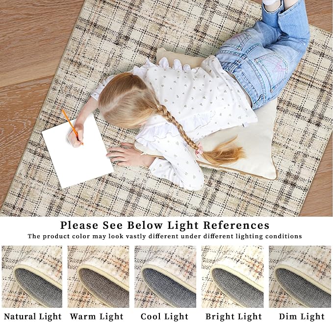 Washable 5x7 Soft Plaid Traditional Tartan Area Rug - Non Shedding, Non Slip, Stain Resistant, for Living Room, Bedroom, Nursery, Office - Beige