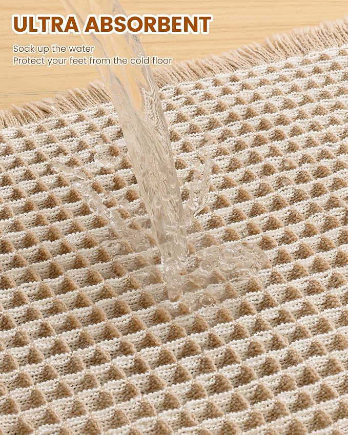 Smiry Waffle Bath Mat 59x20, Extra Soft Absorbent Bathroom Rugs, Non Slip Machine Washable Quick Dry Bath Rugs for Bathroom Floor, Tub, Shower, Home Decor Accessories, Brown & Cream