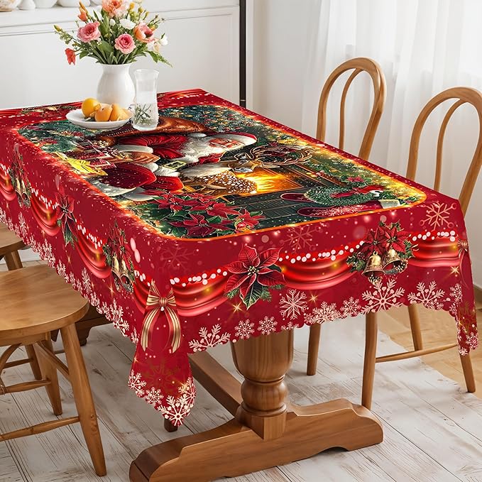 Eikione Retangular Tablecloth 152x220inch, Christmas Tablecloth Waterproof and Wrinkle-Free, Table Covers, Winter Decorations for Home Dining Red Floral