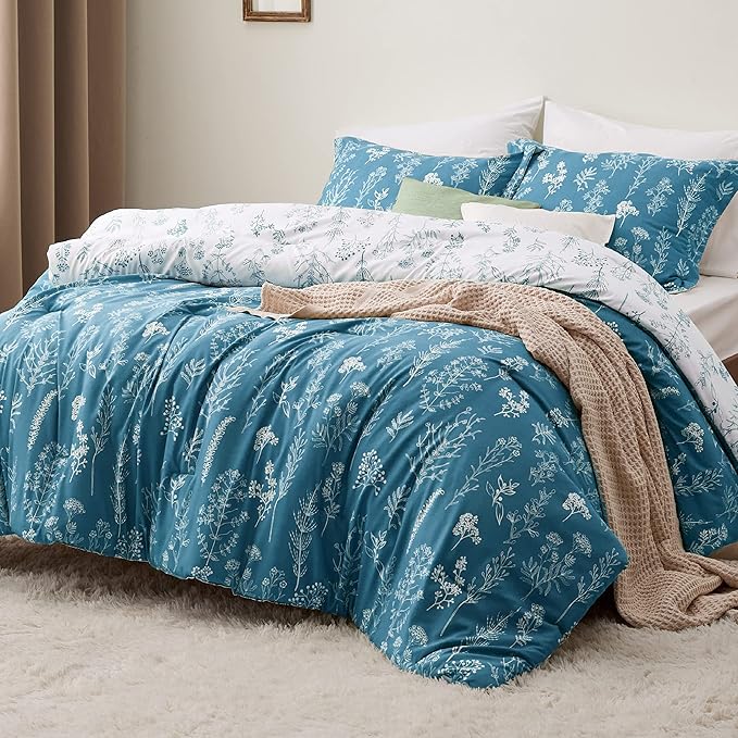 Bedsure Full Comforter Set - Teal Blue Bed Set, 3 Pieces Cute Floral Bedding, 1 Soft Reversible Botanical Flowers Comforter and 2 Pillow Shams