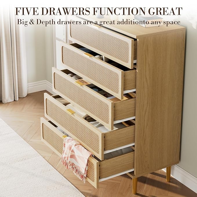 Garvee Rattan Dresser with 5 Drawers, Tall Modern Closet with Deep Storage, Large Chest of Drawers with Wide Top, Long Wooden Dresser for Bedroom, Living Room, Hallway, Kids Room, Natural
