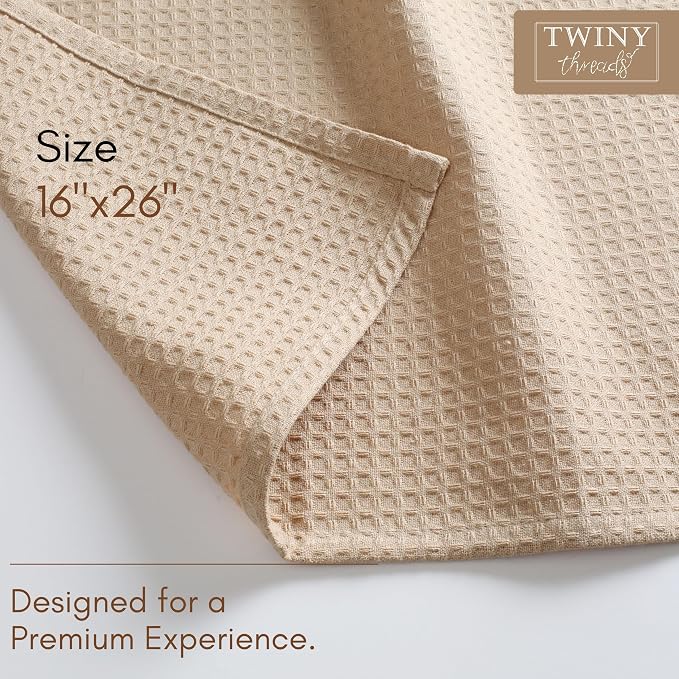 TWINY threads Kitchen Towel Waffle Weave, 6 Pack, 16x26 Inches, Premium Cotton Dish Rags, Absorbent Quick Drying Linen for Home and Restaurant Kitchens, Reusable Wash Cloths for Drying Dishes, Beige