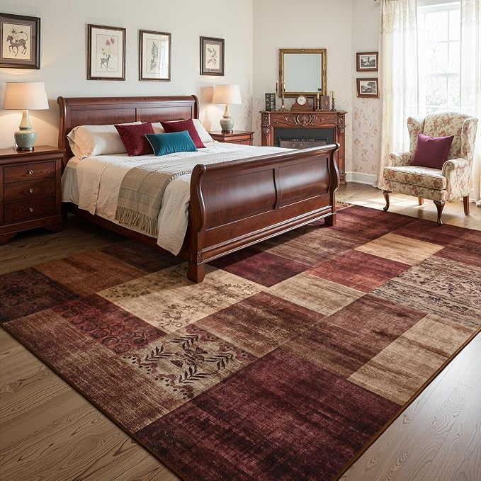 Tepook Modern Area Rug for Living Room, 4x6 Geometric Large Rugs for Bedroom, Washable Patchwork Rug Indoor Non-Slip Throw Carpets for Dining Room Office Farmhouse Home Decor, Red