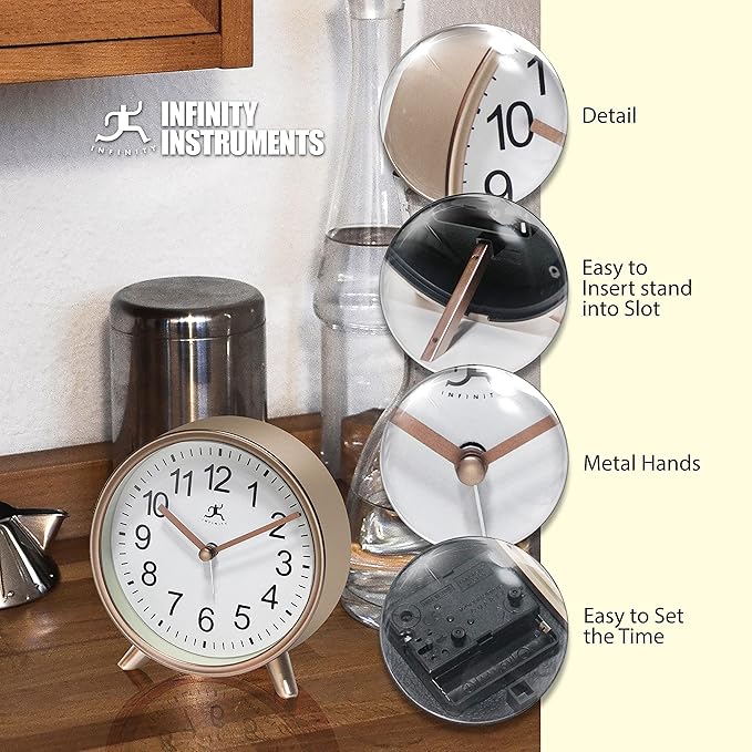Infinity Instruments Plastic 5.75" Indoor Tabletop Alarm Clock with Quartz Movement for Accurate Time Keeping, Copper