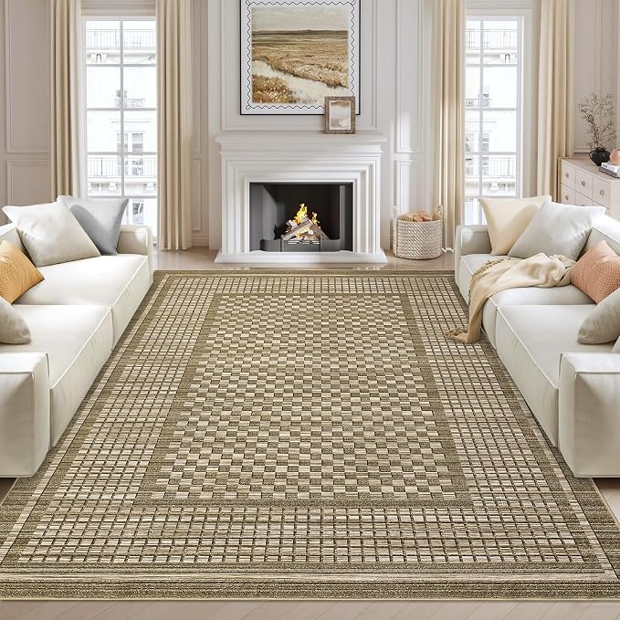 Modern Rug 8x10 Area Rugs for Living Room Washable Bedroom Rug Geometric Checkered Large Area Rug Soft Non Slip Throw Rugs Low Pile Stain Resistant Carpet for Office Dining Room 8'x10' Brown