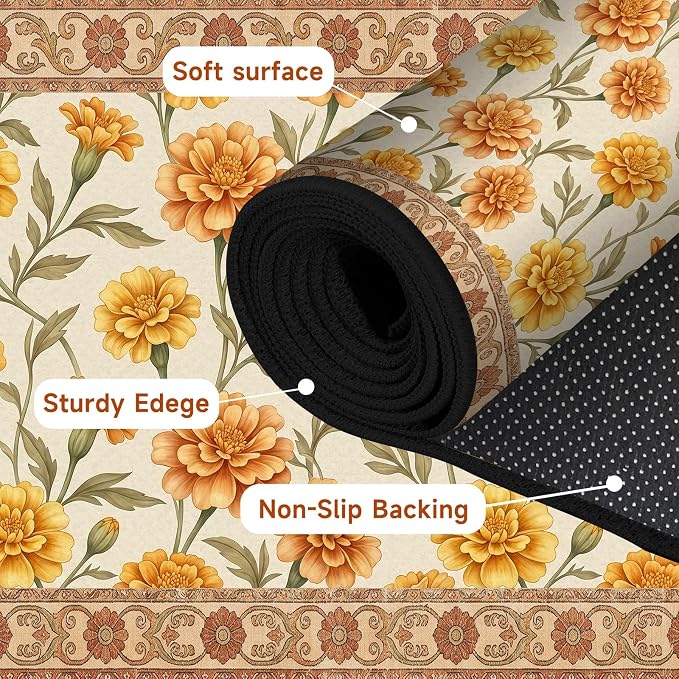 Marigold Floral Area Rug Vintage Boho Rug Bordered Non-Slip Washable Floor Mat for Entryway Bedroom Living Room Nursery Kitchen Playroom Home Decor,3'x5'
