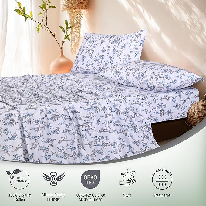 RUVANTI 100% Organic Cotton Sheets Twin XL, Percale Weave, GOTS Certified, 3-Piece Set, Deep Pocket 15", Crisp & Breathable, Soft Durable Bedding, Sábanas Algodón Orgánico – Deluxe