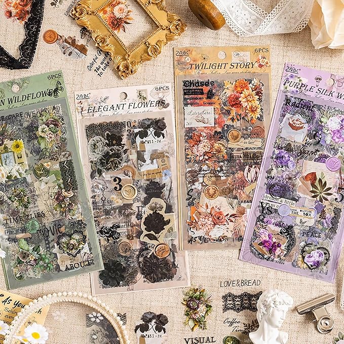 Ptyism 309 Pcs/24 Sheets Stickers for Scrapbooking,Scrapbook Flower Stickers for Scrapbooking Art Journal Bullet Journal Accessories