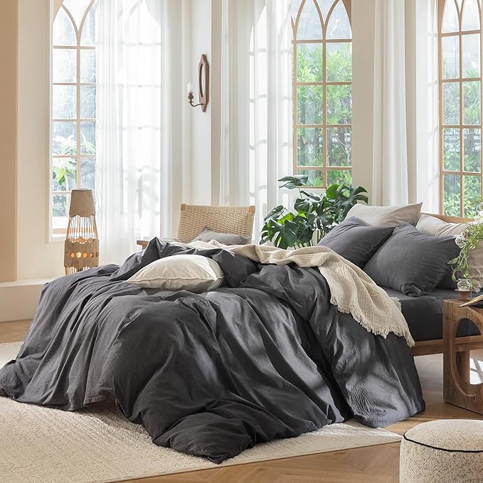 MooMee Bedding Duvet Cover Set 100% Washed Cotton Linen Like Textured Breathable Durable Soft Comfy (Heathered Dark Grey, Super Queen 90"x98")