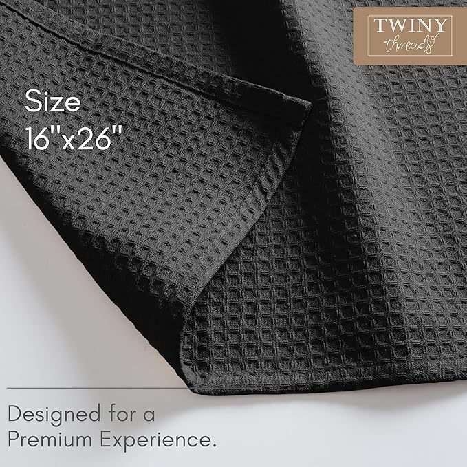 TWINY threads Waffle Kitchen Towel 4 Pack, 16x26 Inches, Premium 100% Cotton Dish Cloths Set with Hanging Loop, Absorbent, Quick Drying Cloths for Drying Dishes, Machine Washable, Black
