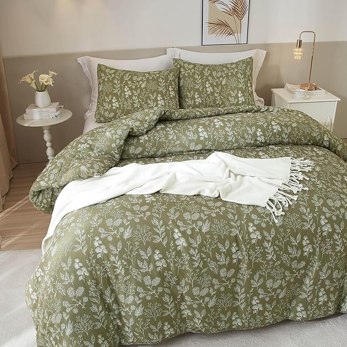 EAVD Vintage Style Garden Olive Green Floral Duvet Cover Twin XL Soft Cotton Chic Shabby Cute Floral Bedding Set with 2 Pillowcases Fresh Reversible Botanical Duvet Cover with Zipper Closure