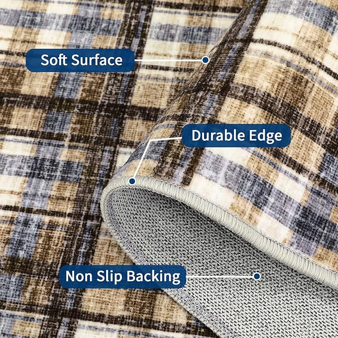 Washable Rugs 2x8 Runner Rug Modern Plaid Bathroom Rugs Non Slip Kitchen Runner Low Pile Entryway Rug Soft Runners Stain Resistant Carpet for Laundry Hallway Bedside 2'x8' Blue&Camel