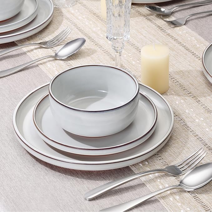 E-far Stoneware Dinnerware Sets for 4, 12 Pieces Reactive Glaze Plates and Bowls Sets, Elegant Dishes with Rustic Terracotta Base, Dishwasher & Microwave Safe, Scratch Resistant, Glacier White