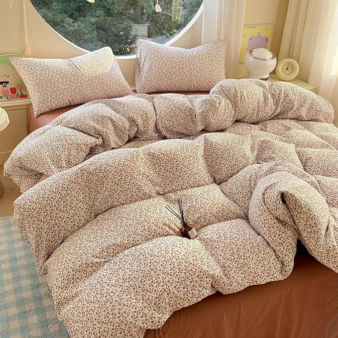 LifeTB Muslin Cotton Duvet Cover Set Queen Size Vintage Floral Duvet Cover Ultra Soft Breathable Comforter Cover Chic Flower Bedding Set Linen Feel Textured Gauze Comforter Cover with Zipper Closure