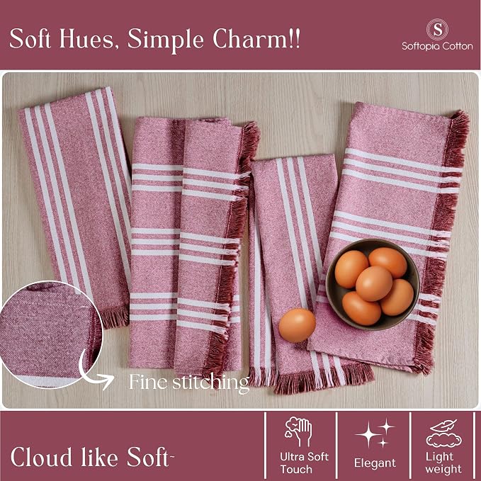 Prewashed Stripe Dish Towels 4 Pack, 16x26 Inches, Absorbent Hand Towels for Kitchen Use, Quick Dry Cloths for Cleaning, Durable Washable Rags, Reusable Dishcloth Set - Burgundy Wine