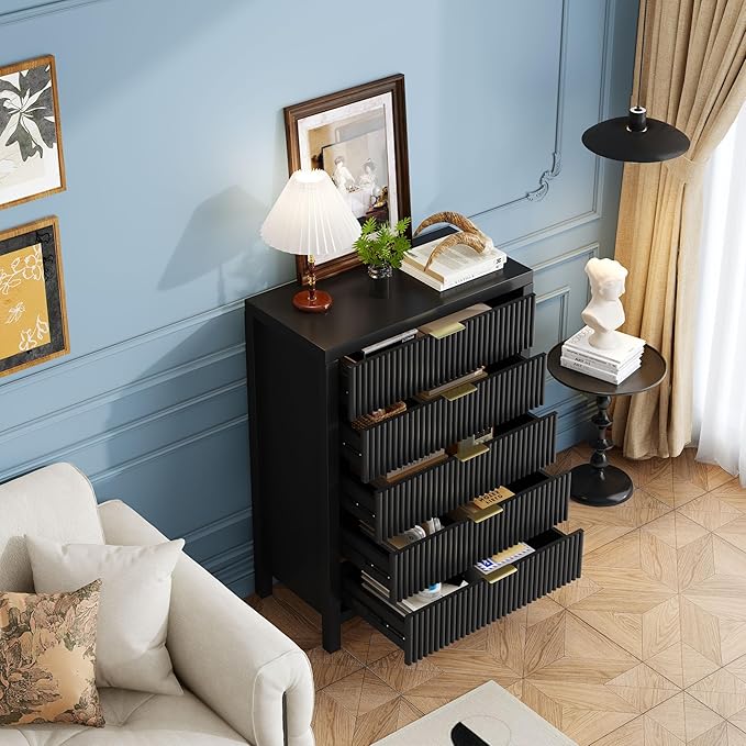 JZXSHD 5 Drawer Dresser, 43" Tall Dresser Organizer TV Drawer Cabinet Modern Wood Storage Cabinet, Modern Wood Storage Cabinet for Bedroom, Hallway, Entryway, Black Oak X 2