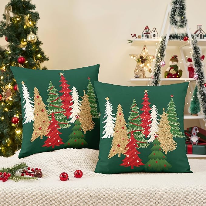 Christmas Pillow Covers 18x18 Inch Set of 2 Green Decorative Christmas Tree Throw Pillows Linen Winter Holiday Decor for Home Sofa Couch Bed Chair