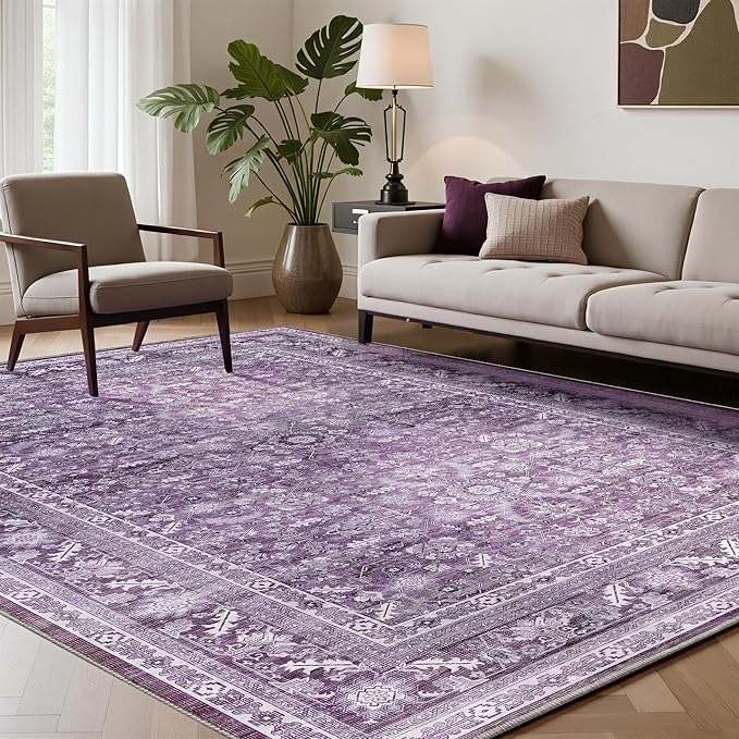 OPPODREAM Vintage Purple Area Rugs 4x6, 4 x 6 Retro Washable Rug Non Slip, Low-Pile Faux Wool Carpet, Distressed Floor Mat for Living Room, Bedroom, Kitchen, Office, Dorm, Dinning Room
