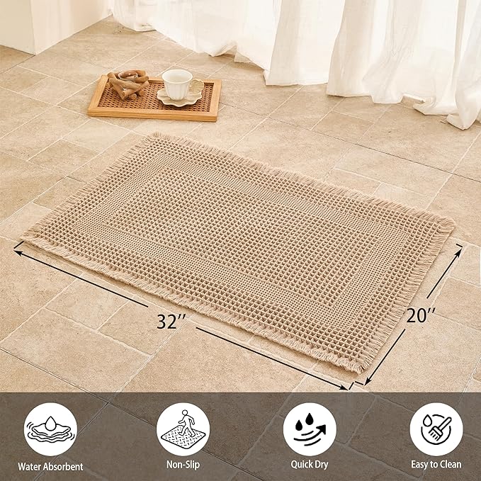 Waffle Bath Mat Non Slip, Boho Bathroom Rug, Super Absorbent Quick Dry Bathroom Mat, Soft Farmhouse Bath Rug with Tassels, Small Washable Shower Mats for Floor 20"x32", Square Brown