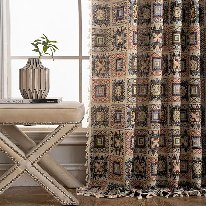 ENJOYBRIDAL Patchwork 63 Inch Curtains 2 Panel Set Semi Sheer Bedroom Drapes Rod Pocket Short Jacquard Bohemian Window Curtain Panels Farmhouse Light Filtering Beige Boho Living Room Window Treatments