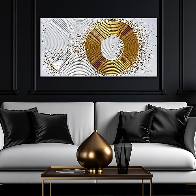 Abstract Hand Painted Wall Art for Living Room White and Gold Wall Decor for Office Circle Wall Art for Bedroom Size 20 x 40 Inch