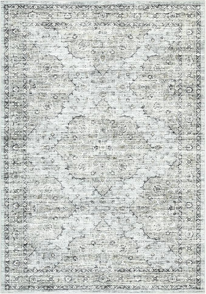 8x10 Rug Washable Vintage Distressed Oriental Large Rug Soft Bedroom Carpet Non-Slip Low Pile Living Room Large Rugs Retro Floral Floor Carpet for Farmhouse Home Decor Playroom, Blue Brown