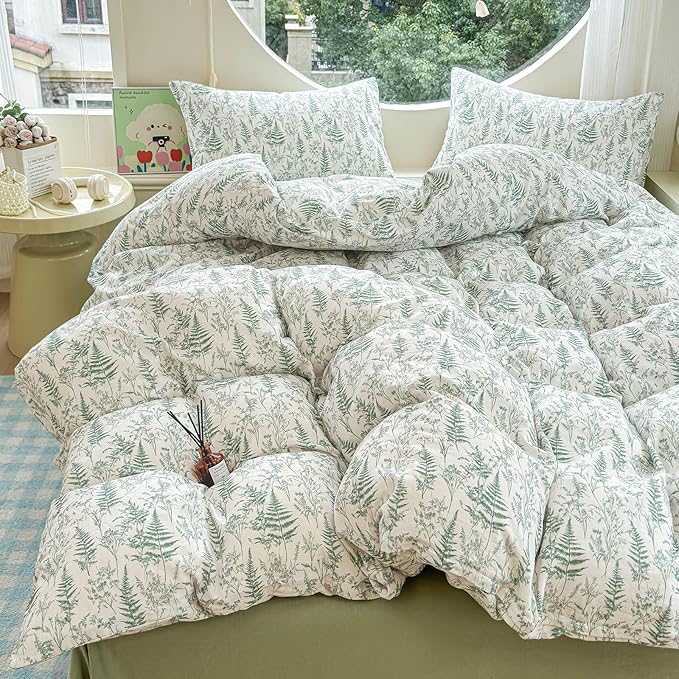 LifeTB Muslin Duvet Cover Full Size 100% Cotton Botanical Floral Comforter Cover Ultra Soft Cottagecore Bedding Set Lightweight Linen Feel Textured Breathable Gauze Duvet Cover with 2 Pillowcases