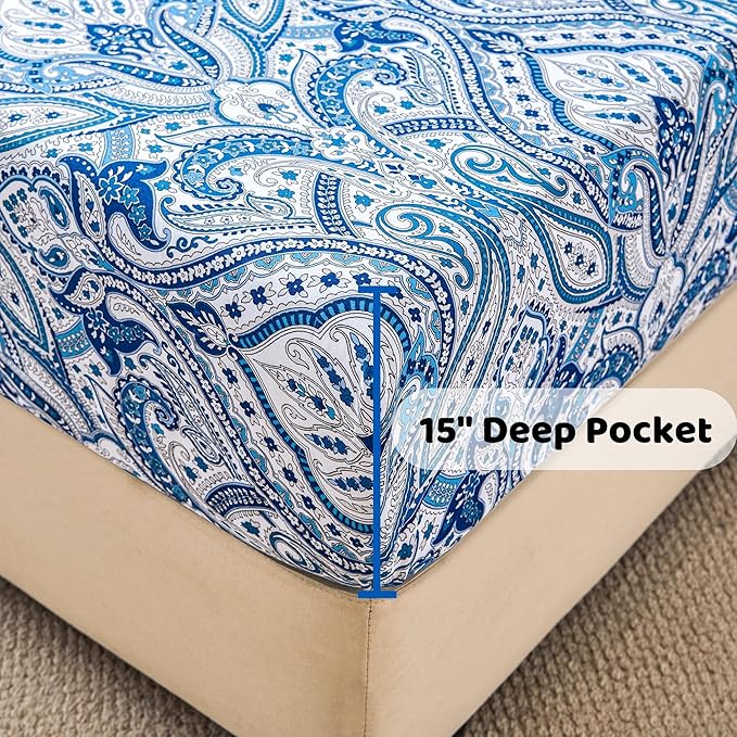 Softan Blue Paisley Printed Bed Sheets King Size, Floral Sheet Set King, Brushed Polyester Microfiber Fitted Sheet with 15" Deep Pocket & Non-Slip Straps, Blue Flower Patterned Sheet & Pillowcase Sets
