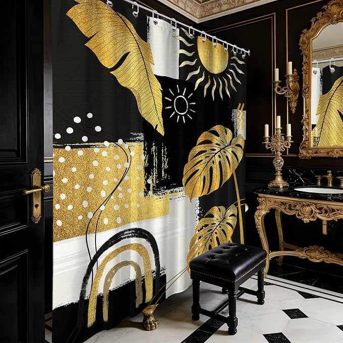 Extra Long Shower Curtain 96 Inchs Extra Tall Black and Gold XL Bohemian Mens Shower Curtains for Large Bathroom Decor Sets, Waterproof Cloth Fabric with Hooks, 70 x 96 Inch