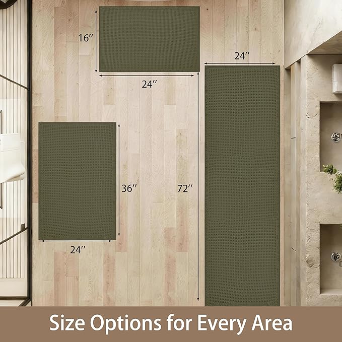 Waffle Bath Mat Non Slip, Boho Bathroom Rug, Super Absorbent Quick Dry Bathroom Mat, Soft Farmhouse Bath Rug with Tassels, Small Washable Shower Mats for Floor 24"x36", Olive Green