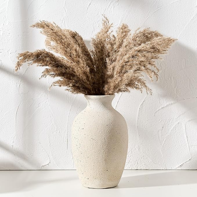 Large Ceramic Rustic Flower Vase, 10.43 Inch Tall Vintage Pottery Home Decor, Antique Farmhouse Terracotta Vase for Living Room, Table, Shelf, Mantel Decoration, Farmhouse - Cream-White