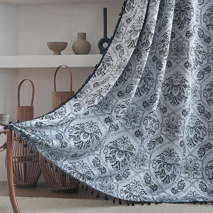 ENJOYBRIDAL Black Damask Curtains 84 Inch Long Semi Sheer Rod Pocket Drapes Bedroom Living Room 2 Panels Floor Length Window Curtain Panels Jacquard Medallion Pattern Light Filtering Window Treatments