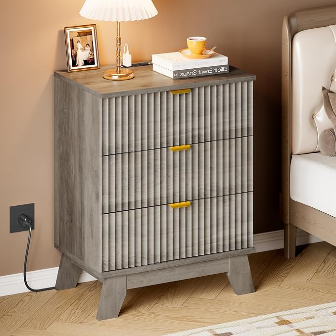 BORNOON 30.5" Nightstand with Charging Station, 3-Drawer Fluted Bedroom Chest, Wood Bedside Dresser with Power Outlets and USB Ports, Metal Slides, Stable Base, Modern Storage Cabinet for Small Spaces