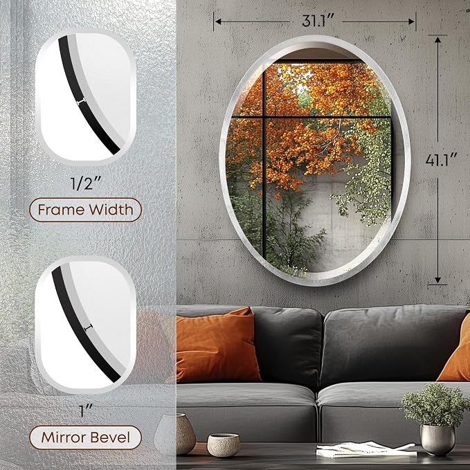 OVALCREST - Oval Wooden Beveled Wall Mirror for Home Decor, Bathroom, Vanity, Bedroom, Living Room, Hallway - London Style (Silver Leaf with Brown Antique) 41.1 x 31.1