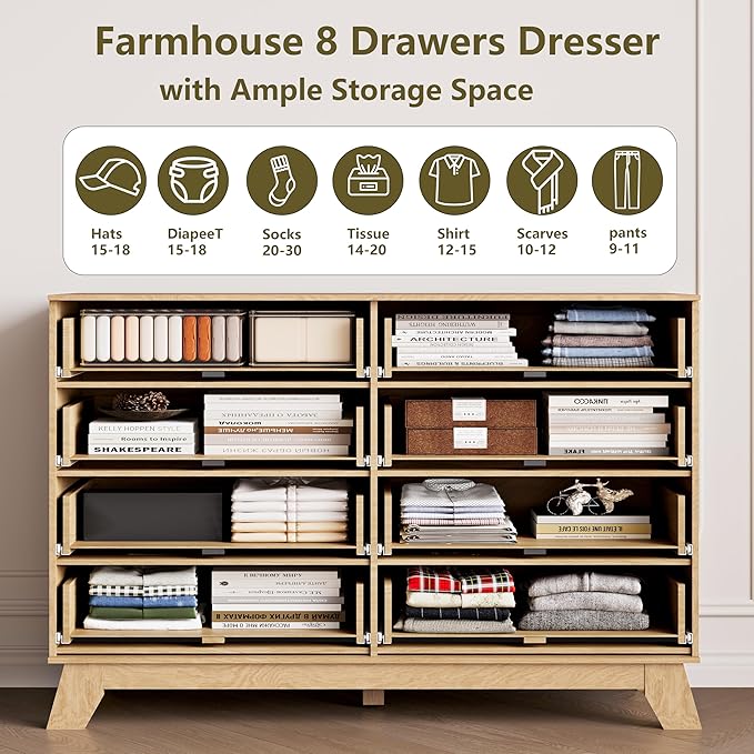 HUANLEGO Fluted Dresser for Bedroom, 8 Drawer Dressers & Chest of Drawers, Mid Century Modern Dresser for Closet Boho Bedroom Furniture, Nature Wood Chest of Drawers Storage Organizer for Living Room