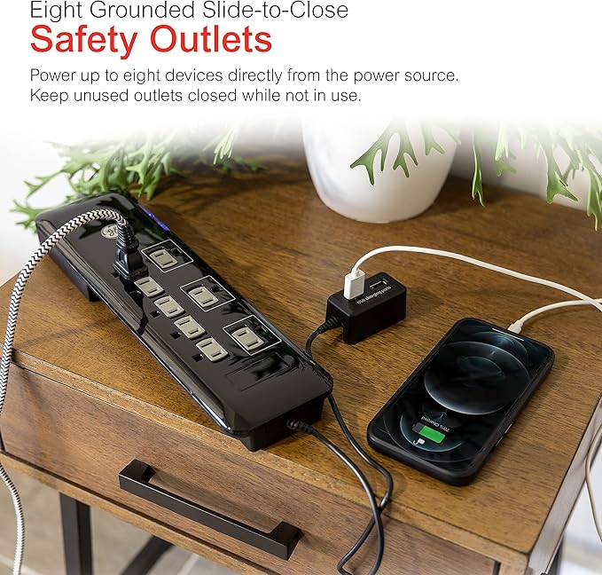GE UltraPro 8 Outlet Surge Protector with USB Charging Dock, 2 USB Ports, 2160 Joules, 4' Cord, Black, 34117