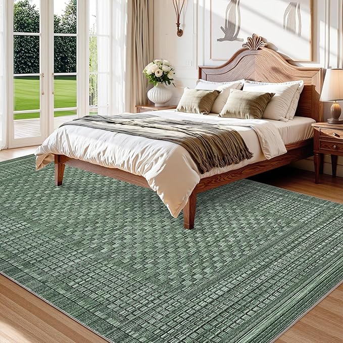Washable Rug 9x12 Area Rug for Living Room Modern Bedroom Rug Checkered Green Plaid Large Area Rug Non Slip Throw Rugs Soft Low Pile Stain Resistant Carpet for Dining Room 9'x12' Green