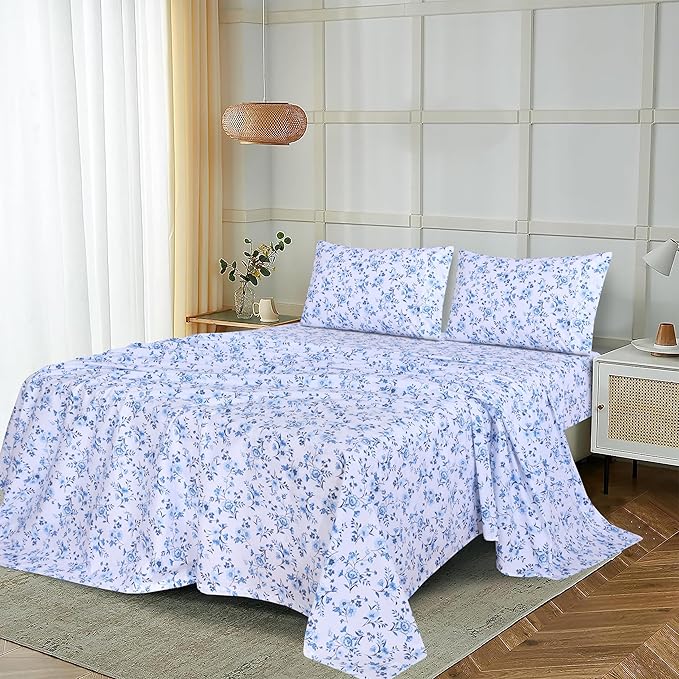 RUVANTI 100% Cotton Split King Sheets Sets for Adjustable Bed, 5 PCs, Soft & Breathable Percale Weave Bedding, Deep Pocket 16", Hotel Standard, Crisp Cool Feel & Durable, Floral Sheet, Annual