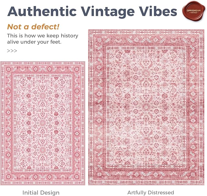OPPODREAM Vintage Pink Area Rugs 6x9, 6 x 9 Retro Washable Rug Non Slip, Low-Pile Faux Wool Carpet, Distressed Floor Mat for Living Room, Bedroom, Kitchen, Office, Dorm, Dinning Room