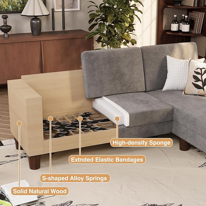 VICTONE Convertible Sectional Sofa Couch, 3 Seat L-Shaped Sofa with Linen Fabric Ottoman Small Couch for Small Apartments, Living Room and Office (Corduroy, Gray)