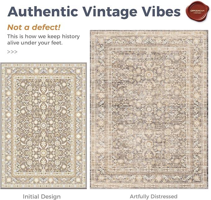 OPPODREAM Vintage Beige Round Rug 5ft, 5 ft Retro Washable Circle Rug Non Slip, Low-Pile Faux Wool Circular Carpet, Distressed Tan Floor Mat for Living Room, Bedroom, Office, Dorm, Dinning Room