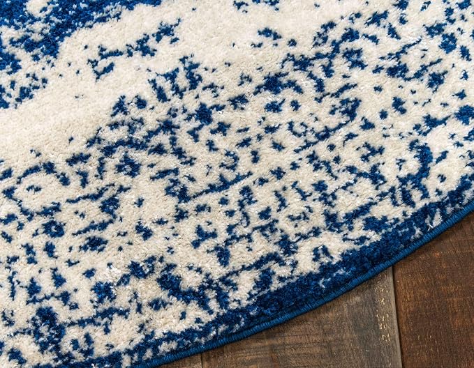 Unique Loom Bromley Collection Area Rug - Wells (5' 1" Round, Ivory and Blue/ Ivory)