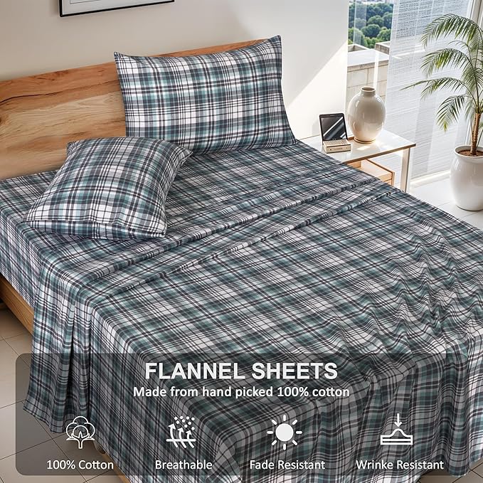RUVANTI Flannel Sheets Full Size - 100% Cotton Double Brushed Bed Sheets Set, Deep Pockets 16 Inches, All Seasons Breathable & Extra Soft Full Sheets, Warm & Cozy, 4 Piece, Mint Grey
