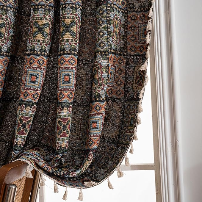 ENJOYBRIDAL Patchwork 96 Inch Curtains for Bedroom Living Room Drapes Jacquard Bohemian Semi Sheer Long Window Curtains 2 Panel Sets Vintage Geometric Black Rod Pocket Boho Window Treatments