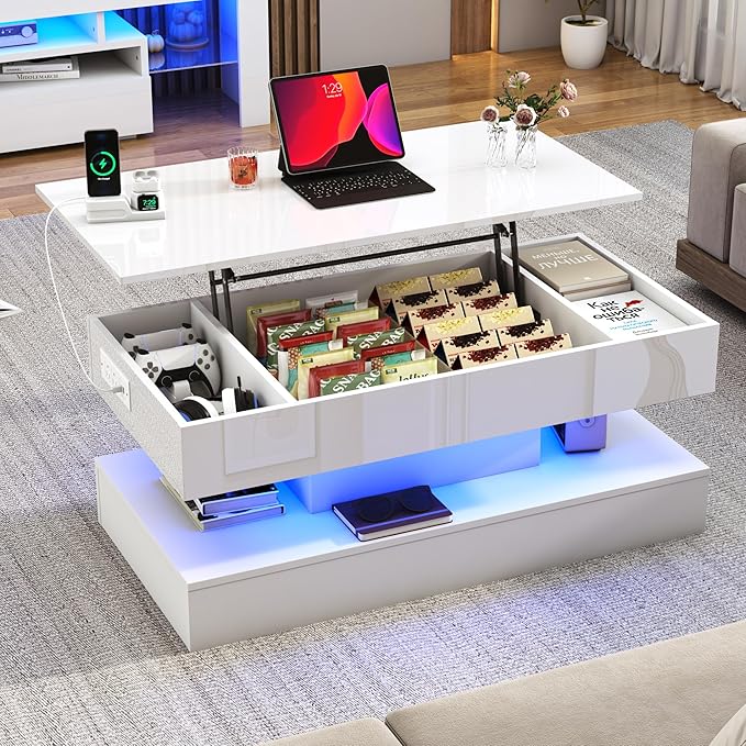 39.4" Large Lift Top Coffee Table,Modern High Glossy LED Coffee Tables for Living Room with Storage,Black Living Room Tables for Living Rooms,Dining Room,Bedroom Home Office,APP LED Lights（White）